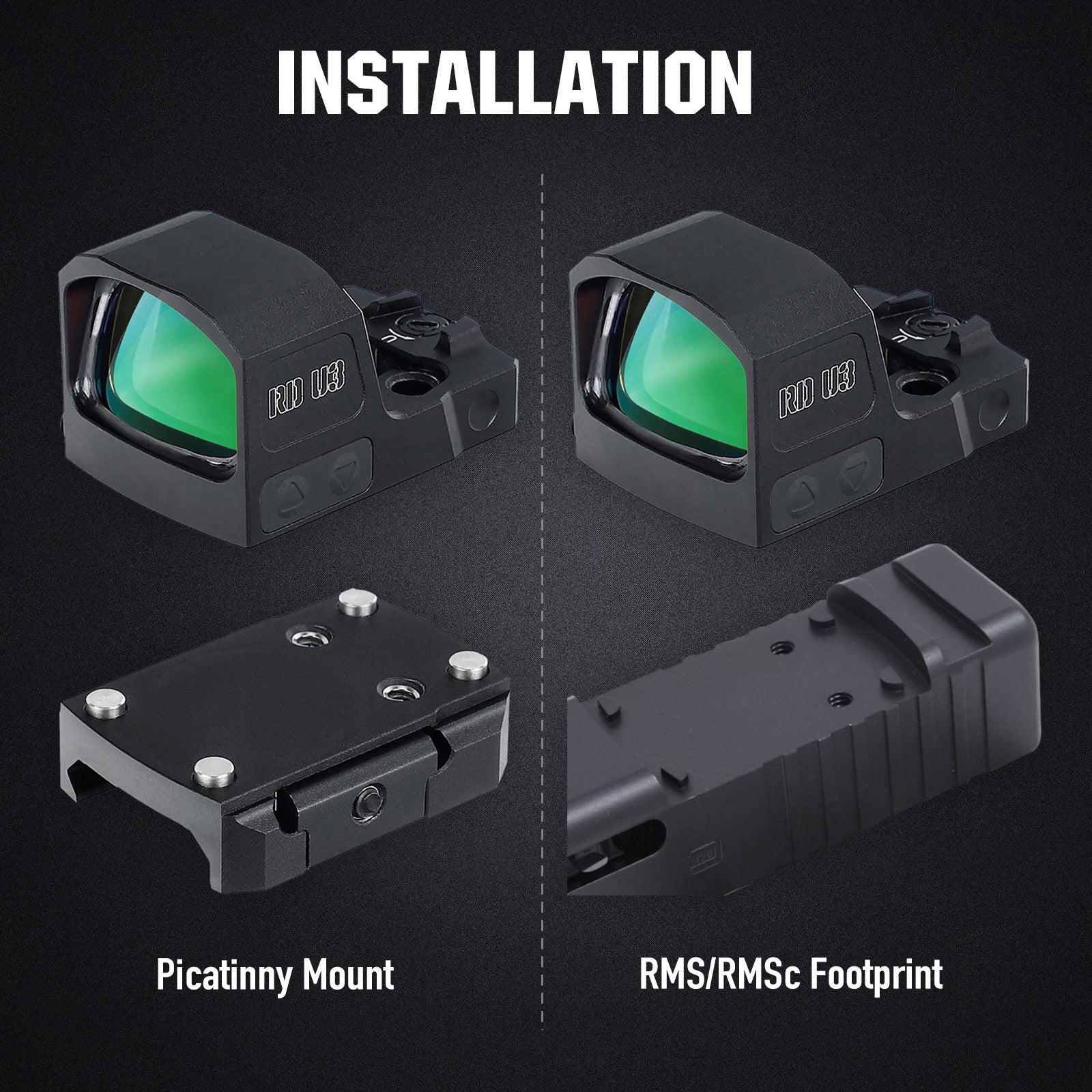 Vextac® RD U3G Large Window 3 MOA Shake Awake Green Dot Sight with RMSc Footprint and Picatinny Mount